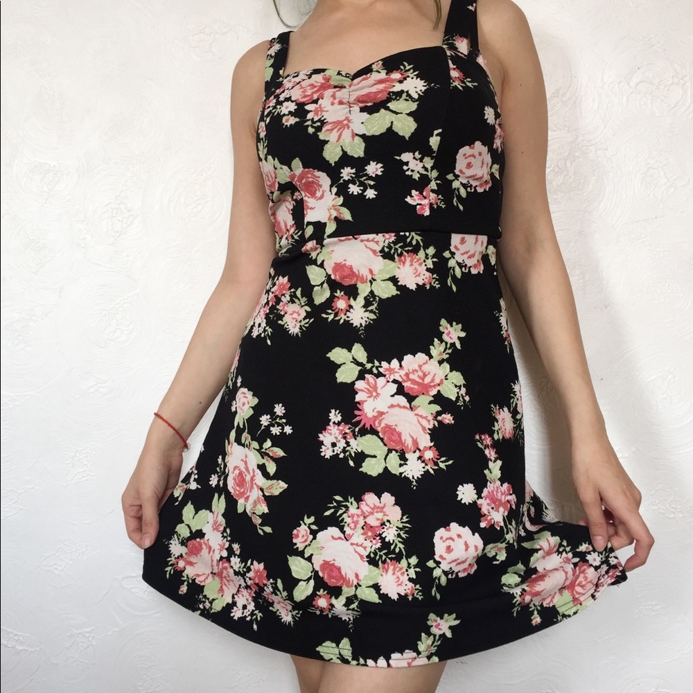 Black dress with pink flowers